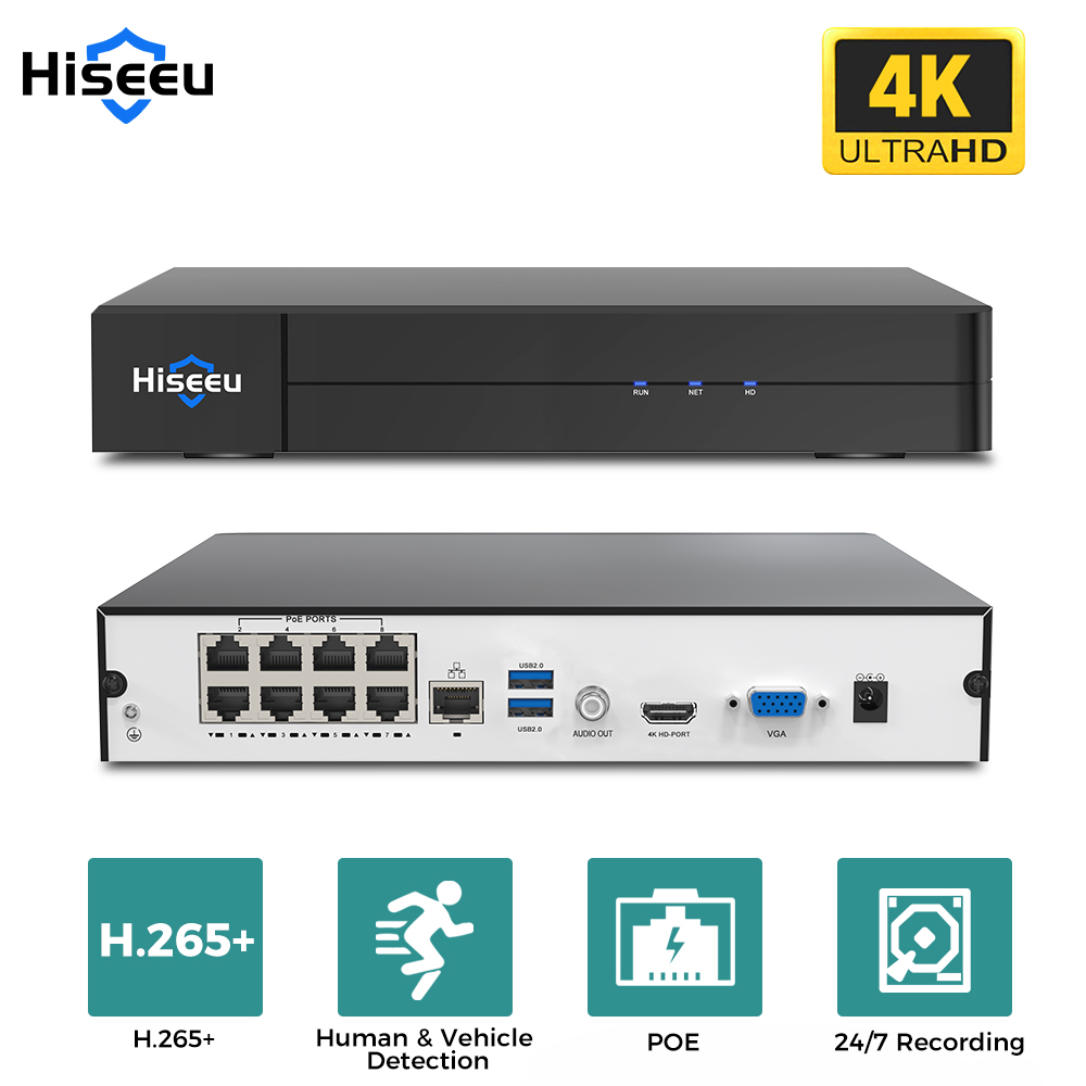Webcam 4K - เครื่องบันทึกวิดีโอเครือข่าย Hiseeu 8CH 4K PoE NVR