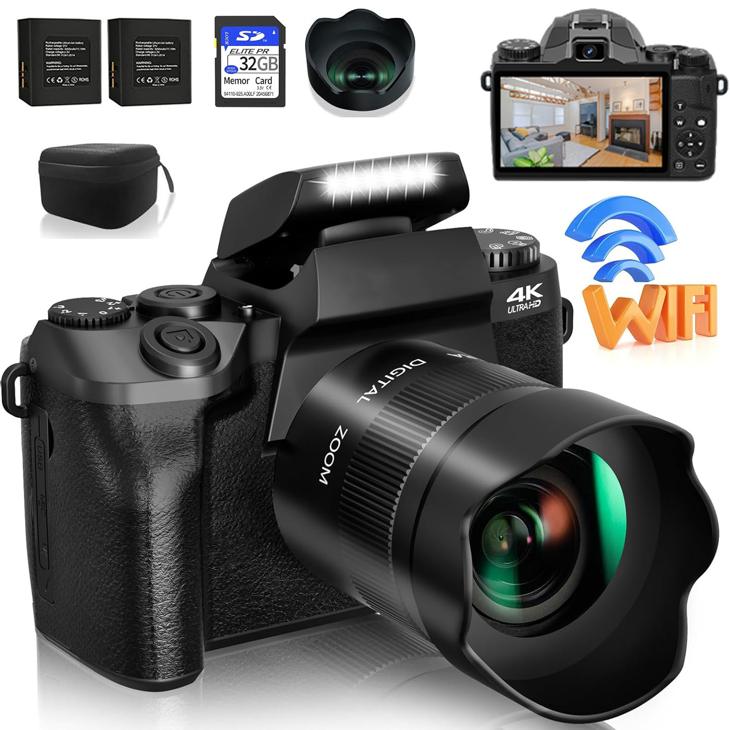 Webcam 4K - กล้องดิจิตอล 64MP SLR DSLR สำหรับถ่ายภาพ 4K